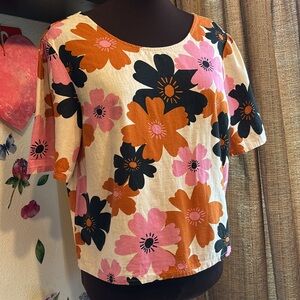 Princess Highway, short sleeve orange pink and brown floral crop top. Size S.